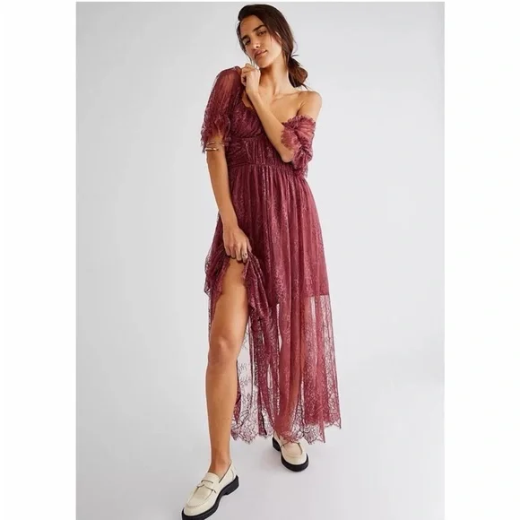 NWOT Free People Dear Jane Lace Embroidered Lace Dress Burgundy Maxi sz 10 boho NWOT Free People Dear Jane Lace Embroidered Lace Dress Burgundy Maxi sz 10 boho